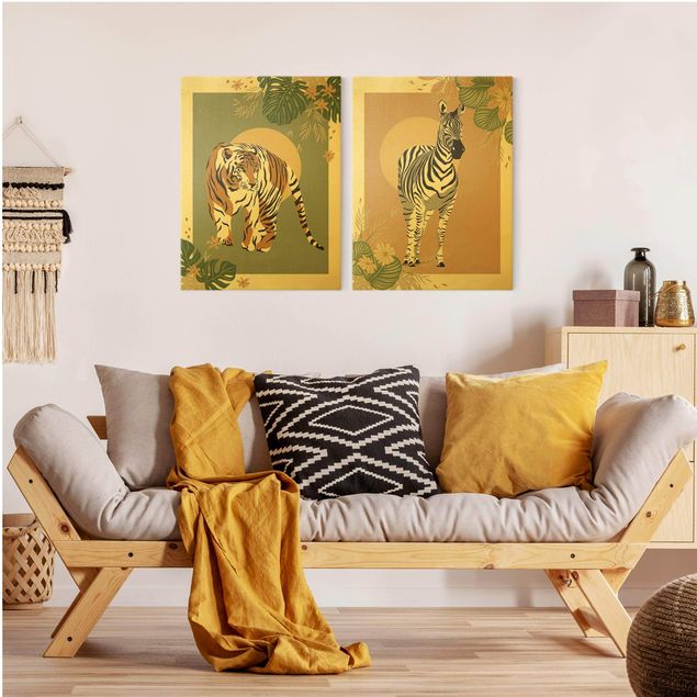 Tableau de zèbre Animaux en safari - Soleil derrière un zèbre et un tigre