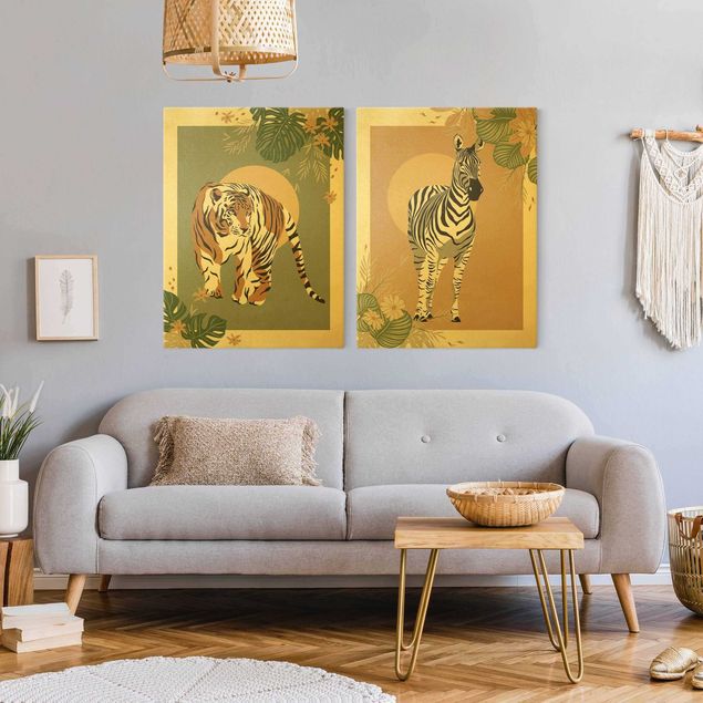 Tableau tigres Animaux en safari - Soleil derrière un zèbre et un tigre