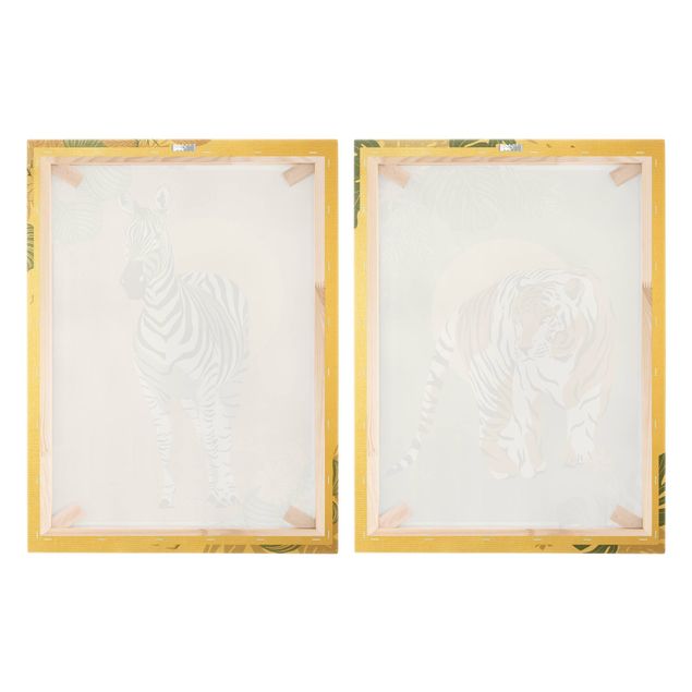 tableaux floraux Animaux en safari - Soleil derrière un zèbre et un tigre