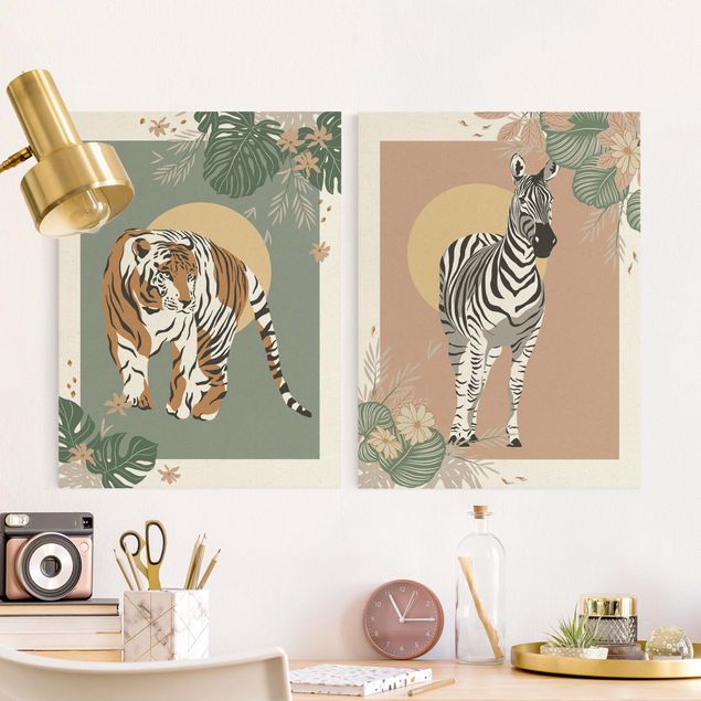 Tableau paysages Animaux en safari - Soleil derrière un zèbre et un tigre