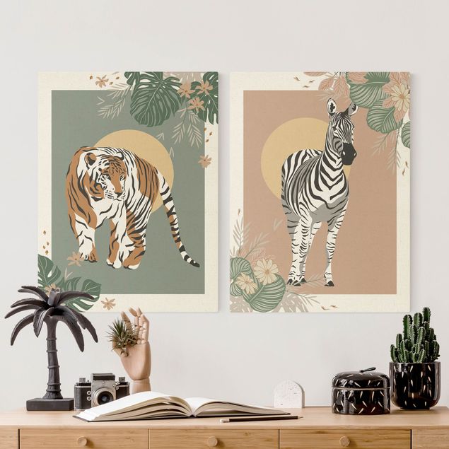 Toile zebre Animaux en safari - Soleil derrière un zèbre et un tigre
