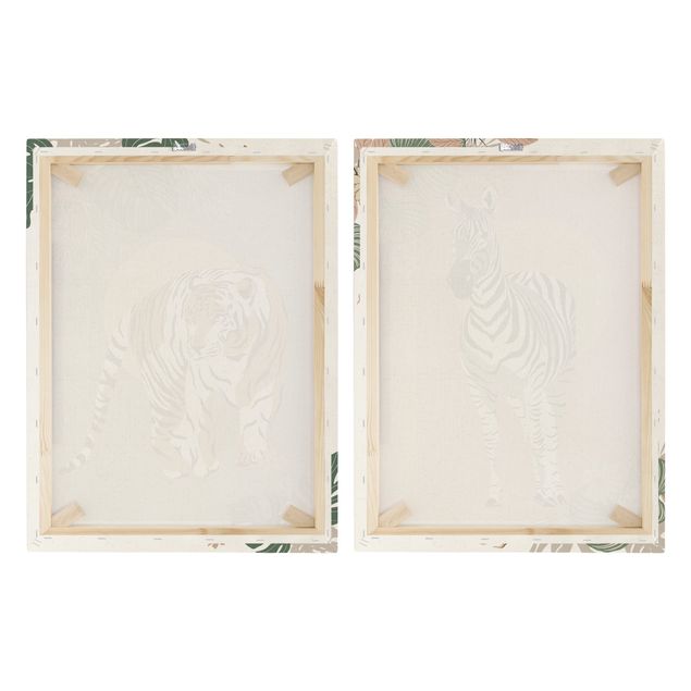 tableaux floraux Animaux en safari - Soleil derrière un zèbre et un tigre