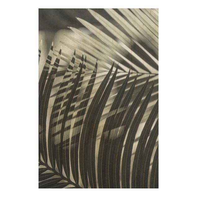 Tableaux en bois avec fleurs Jeu d'ombres sur une branche de palmier