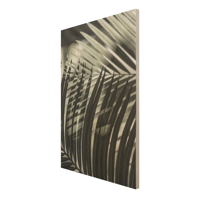 Tableaux en bois avec paysage Jeu d'ombres sur une branche de palmier