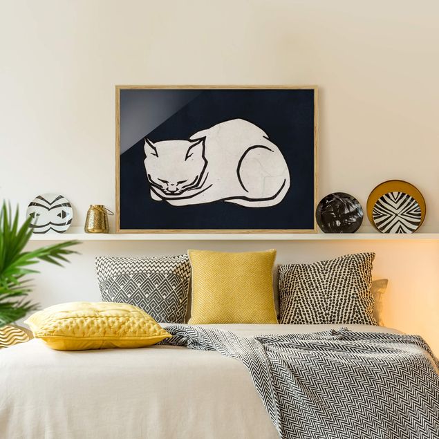 Affiches encadrées noir et blanc Illustration d'un chat endormi
