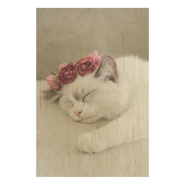 Tableaux en bois avec fleurs Chat endormi avec des roses