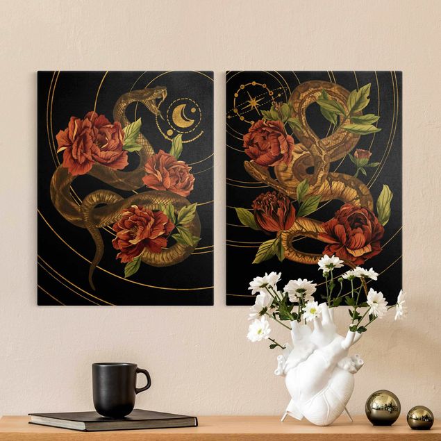 Toile roses Duo de Serpent avec des Roses Noir et Or