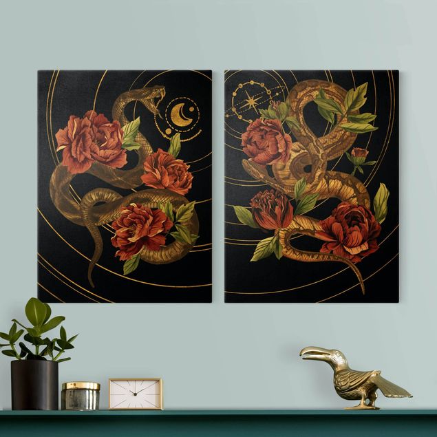 Tableau animaux Duo de Serpent avec des Roses Noir et Or