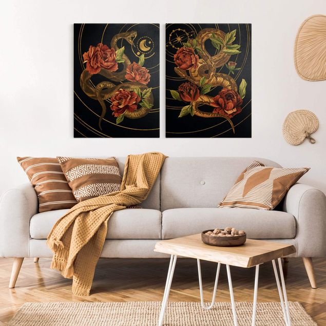 Tableau moderne Duo de Serpent avec des Roses Noir et Or