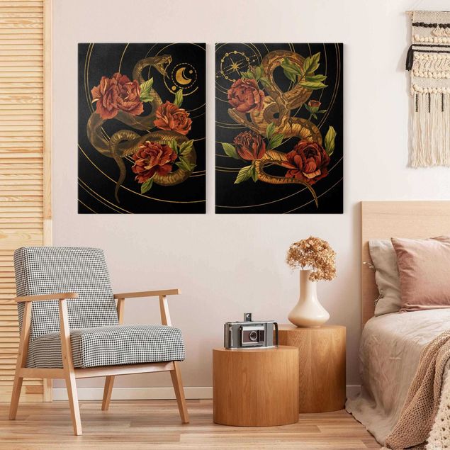Tableau fleurs Duo de Serpent avec des Roses Noir et Or