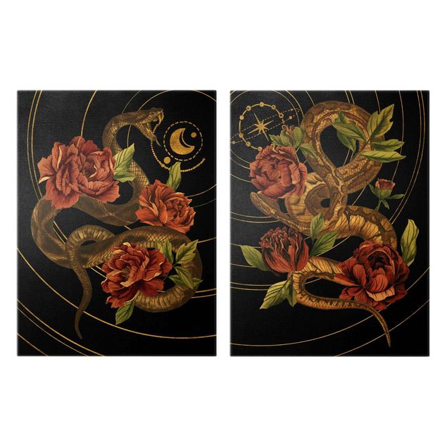 Tableau noir Duo de Serpent avec des Roses Noir et Or
