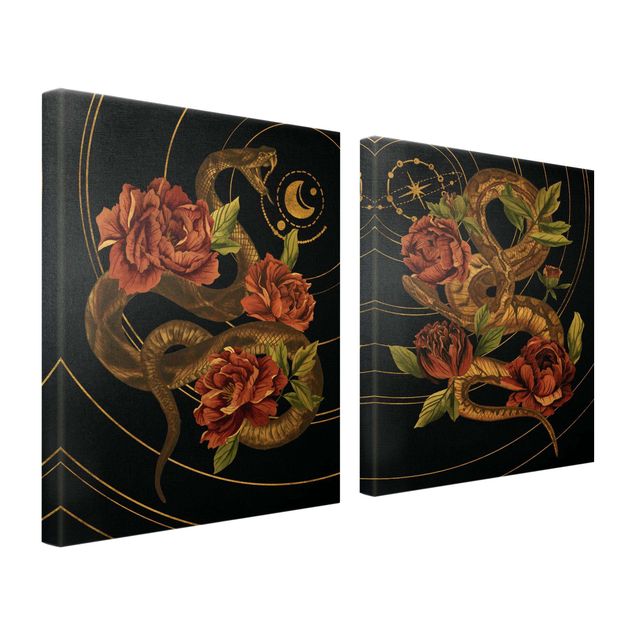 Tableau décoration Duo de Serpent avec des Roses Noir et Or