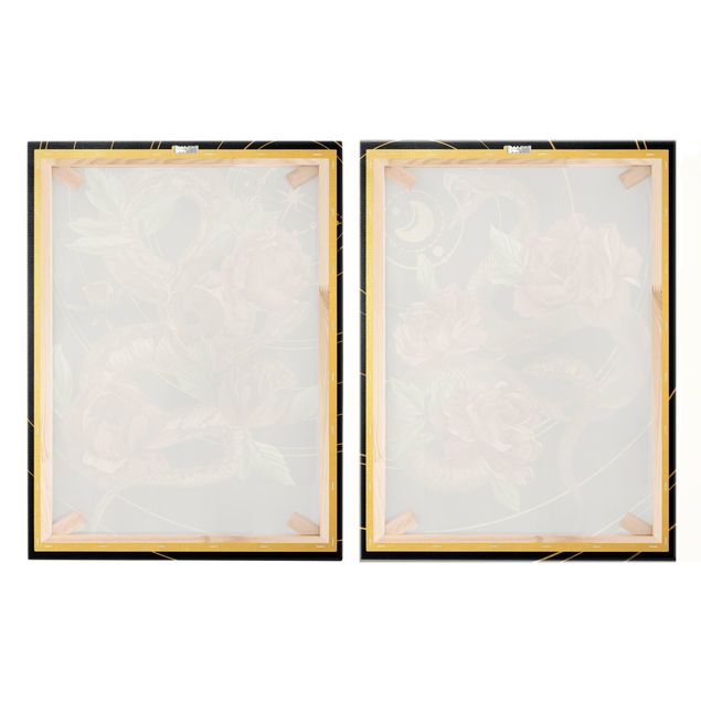 Impression sur toile - Snake With Roses Black And Gold Duo