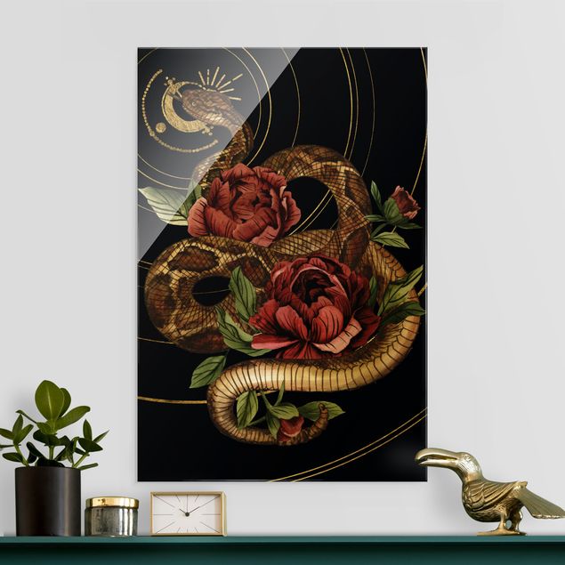 Tableaux en verre roses Serpent avec Roses Noir Et Or I