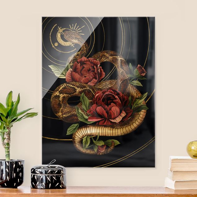 Tableaux en verre fleurs Serpent avec Roses Noir Et Or I