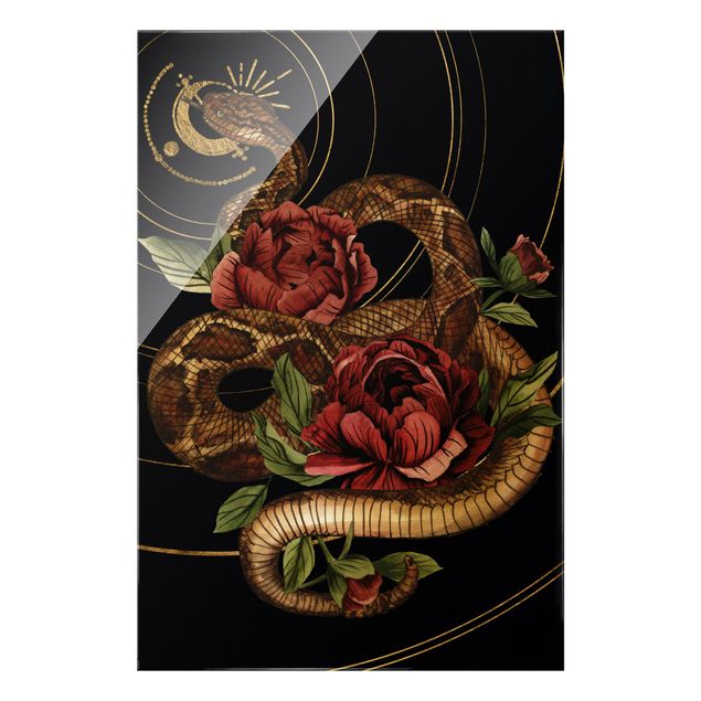 Tableau noir Serpent avec Roses Noir Et Or I