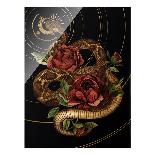 Tableau noir Serpent avec Roses Noir Et Or I