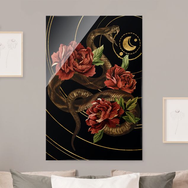 Tableaux en verre fleurs Serpent avec Roses Noir Et Or II