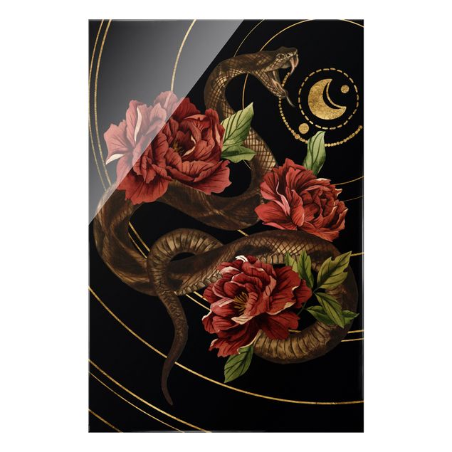 Tableaux noirs Serpent avec Roses Noir Et Or II