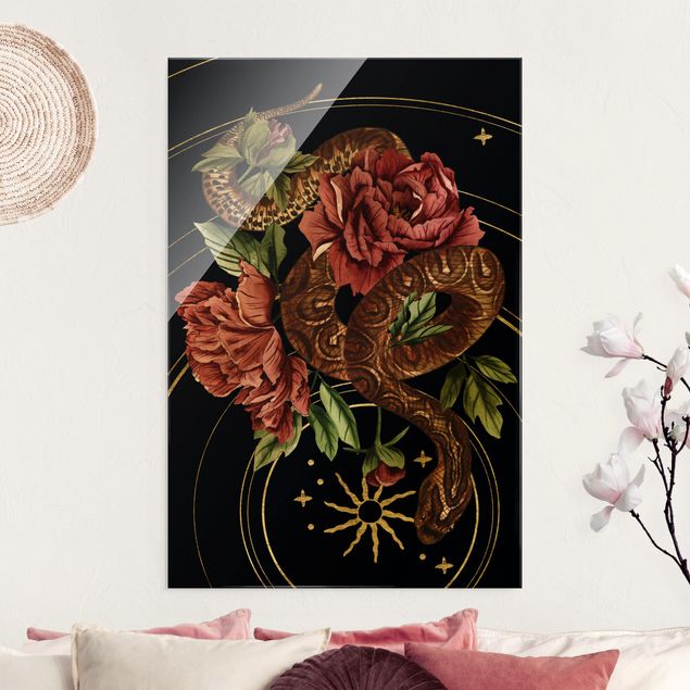 Tableaux en verre roses Serpent avec Roses Noir Et Or III