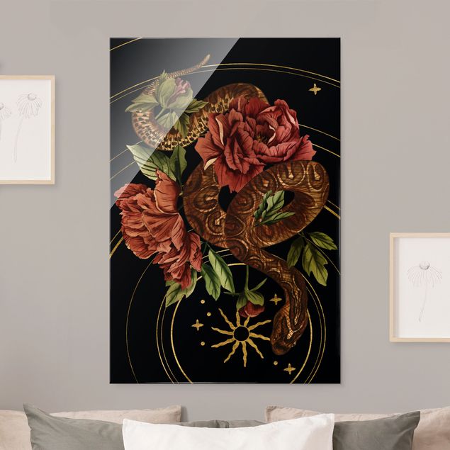 Tableaux en verre fleurs Serpent avec Roses Noir Et Or III