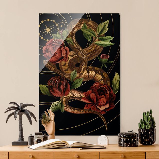 Tableaux en verre fleurs Serpent avec Roses Noir Et Or IV