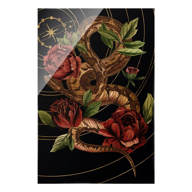 Tableaux noirs Serpent avec Roses Noir Et Or IV