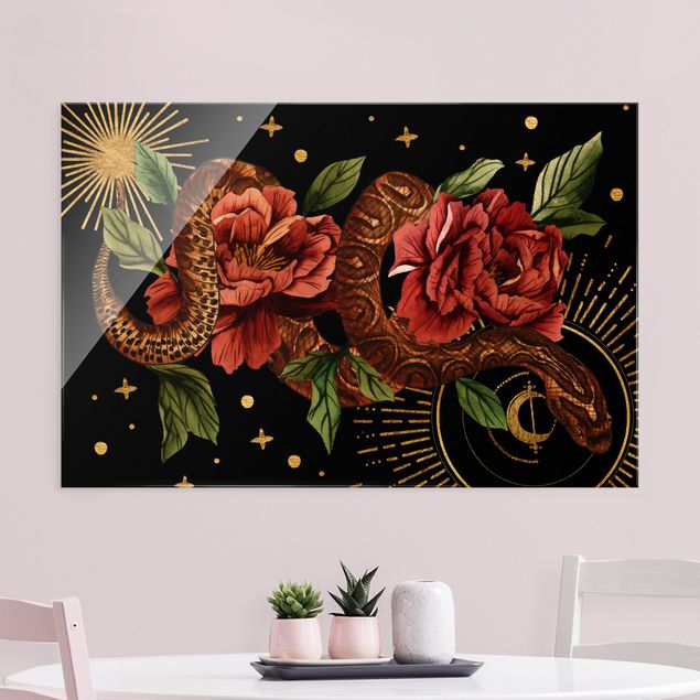 Tableaux en verre fleurs Serpent avec Roses Noir Et Or II
