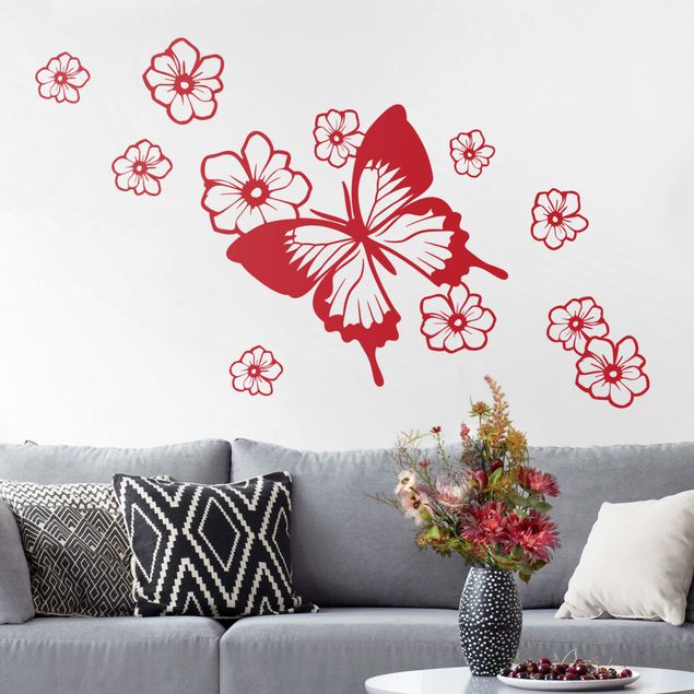 Déco mur cuisine Papillon avec des fleurs