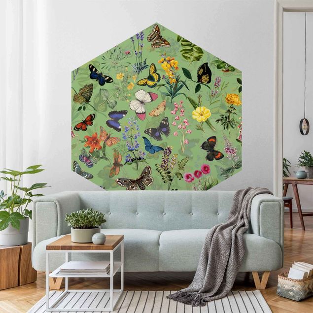 Papier peint moderne Papillons avec fleurs sur vert