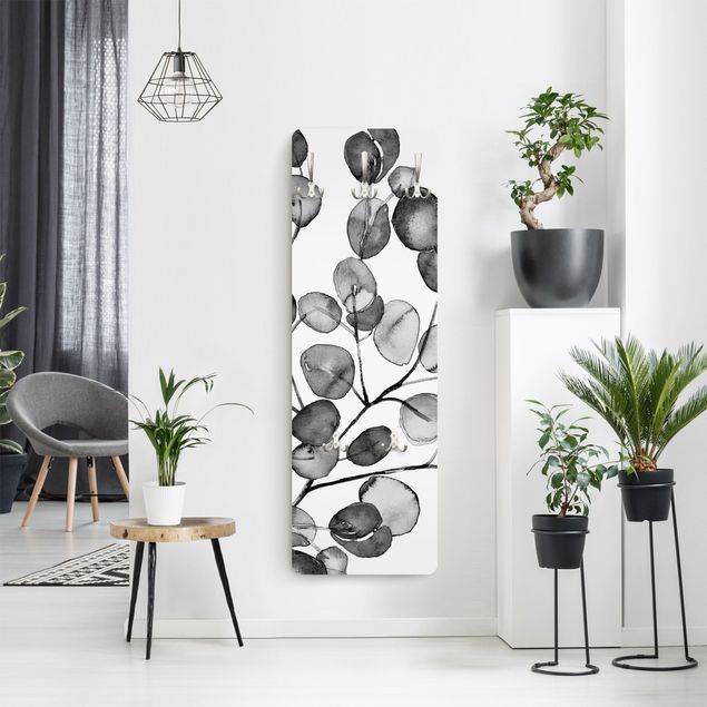 Porte-manteaux muraux noir et blanc Rameau d'Eucalyptus Noir et Blanc Aquarelle