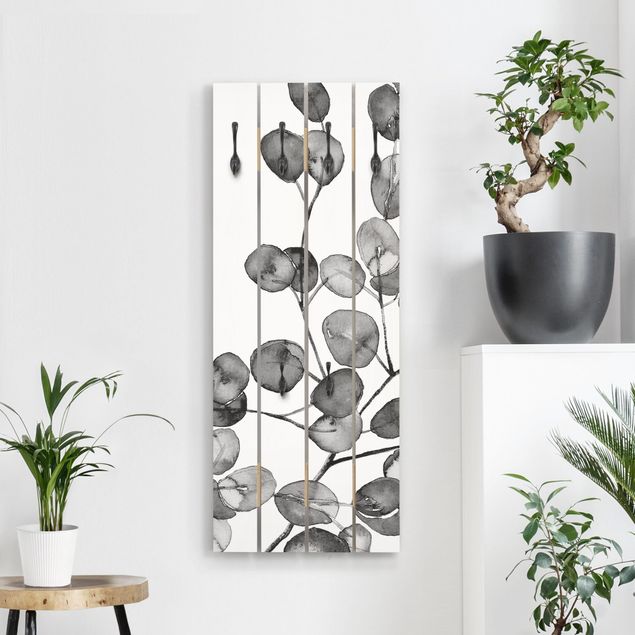 Porte-manteaux muraux avec fleurs Rameau d'Eucalyptus Noir et Blanc Aquarelle