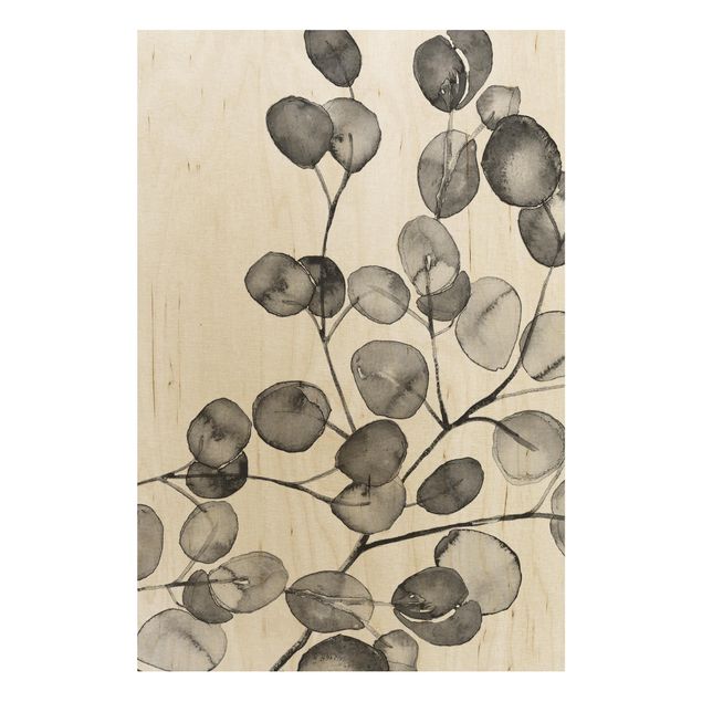 Tableaux en bois avec fleurs Rameau d'Eucalyptus Noir et Blanc Aquarelle
