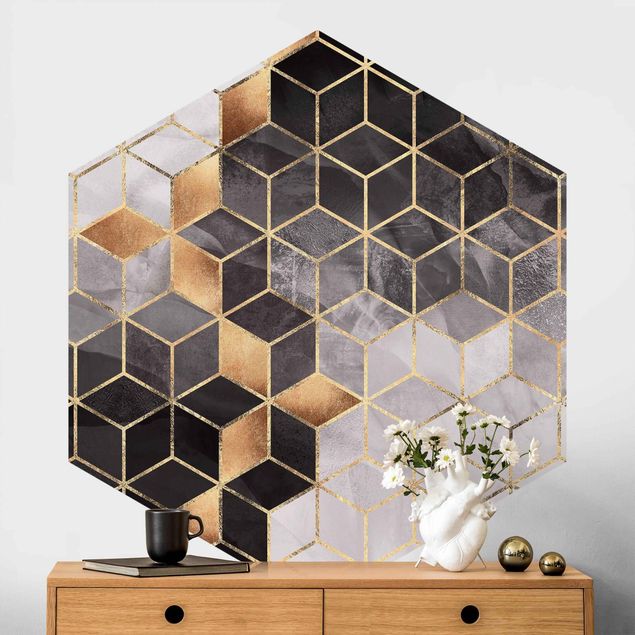 Papier peint hexagonal autocollant avec dessins - Black And White Golden Geometry