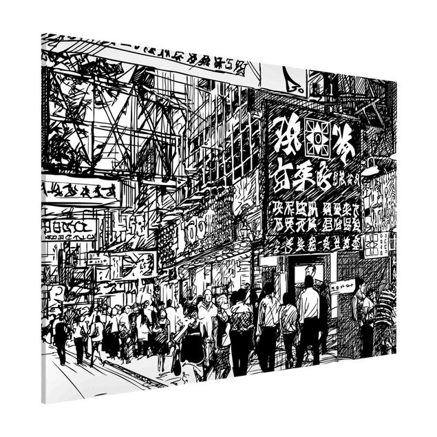 Tableaux magnétiques avec citations Black And White Drawing Asian Street II