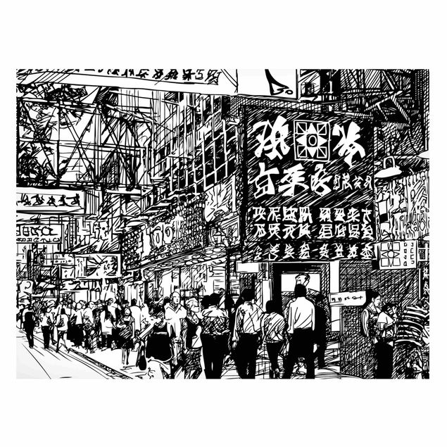 Tableaux modernes Black And White Drawing Asian Street II