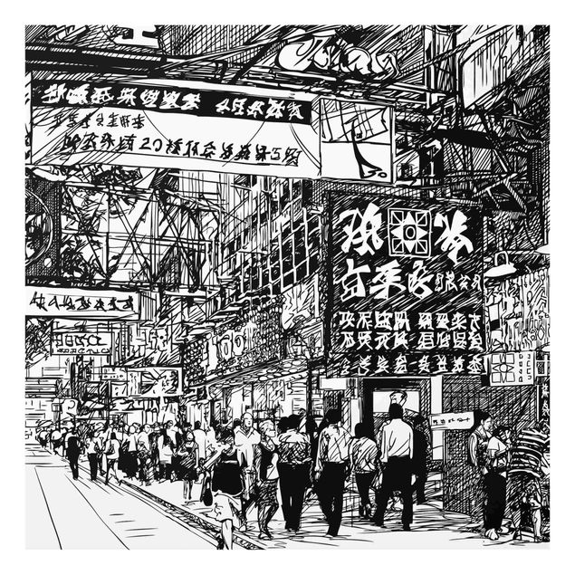 Tableau décoration Black And White Drawing Asian Street II