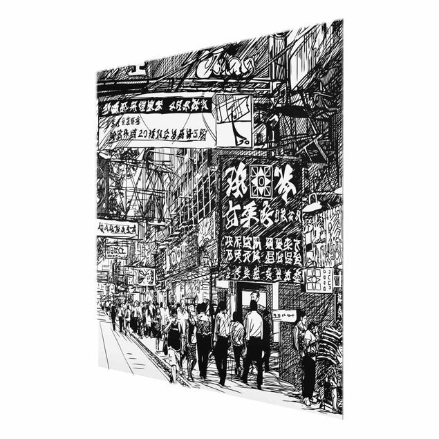 Tableaux en verre magnétique Black And White Drawing Asian Street II