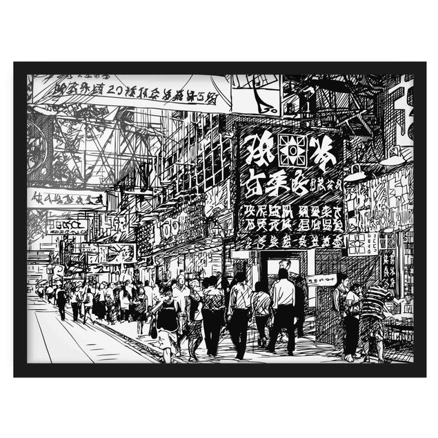 Tableaux noir et blanc Black And White Drawing Asian Street II