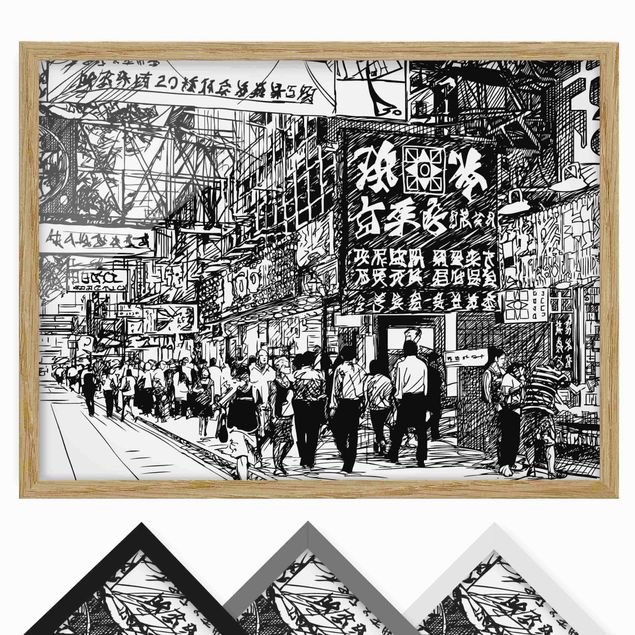 Affiches encadrées Black And White Drawing Asian Street II
