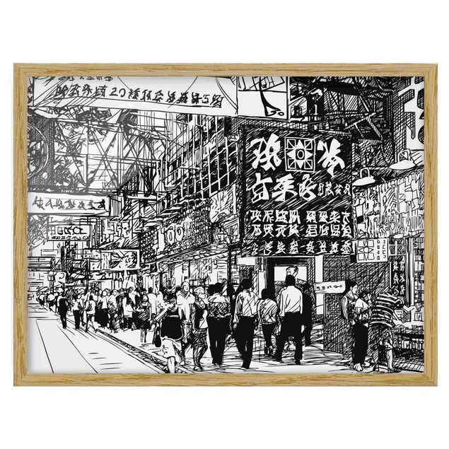 Tableaux noir et blanc Black And White Drawing Asian Street II