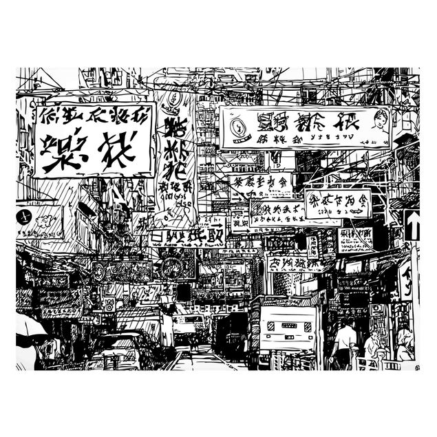 Tableaux moderne Black And White Drawing Asian Street