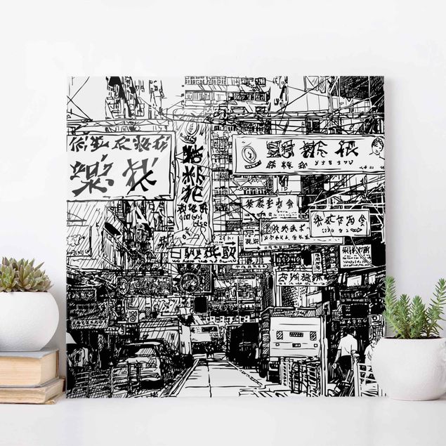 Tableaux en verre noir et blanc Black And White Drawing Asian Street