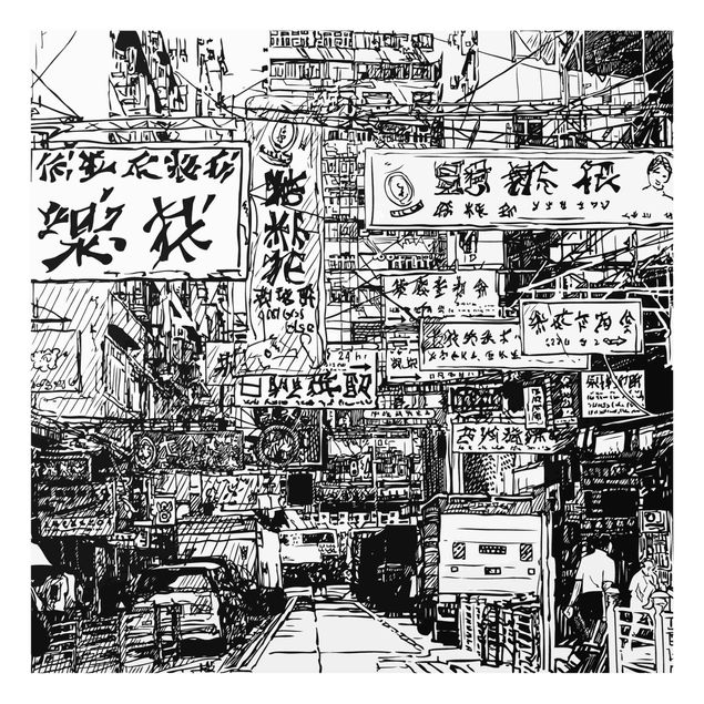 Tableau décoration Black And White Drawing Asian Street