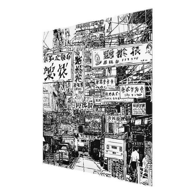 Tableaux en verre magnétique Black And White Drawing Asian Street