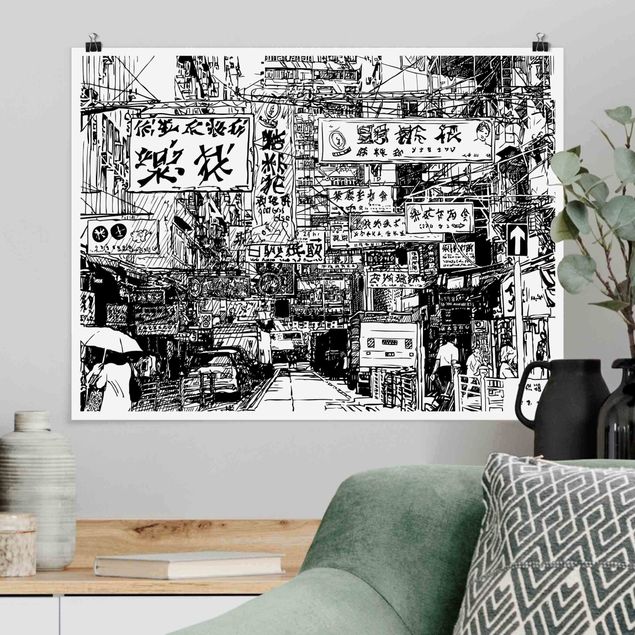 Posters en noir et blanc Black And White Drawing Asian Street