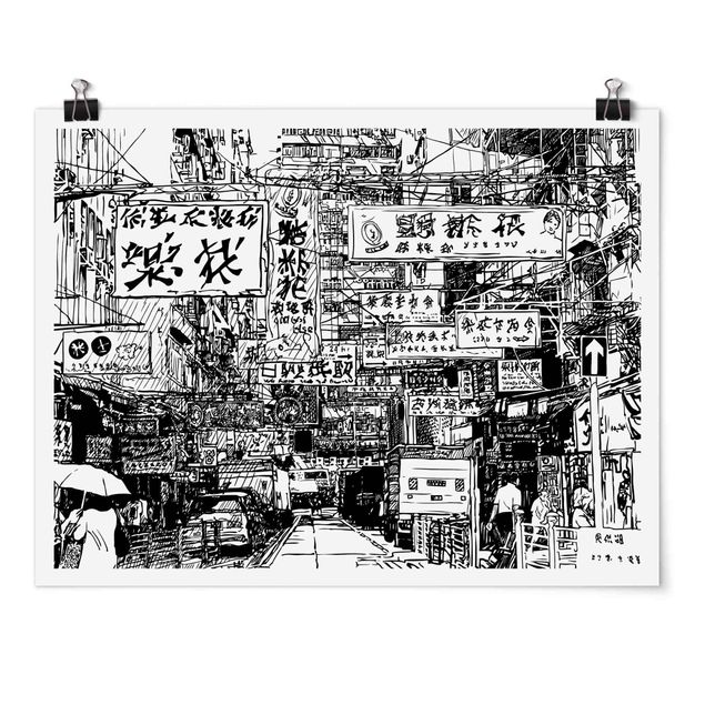 Tableaux noir et blanc Black And White Drawing Asian Street