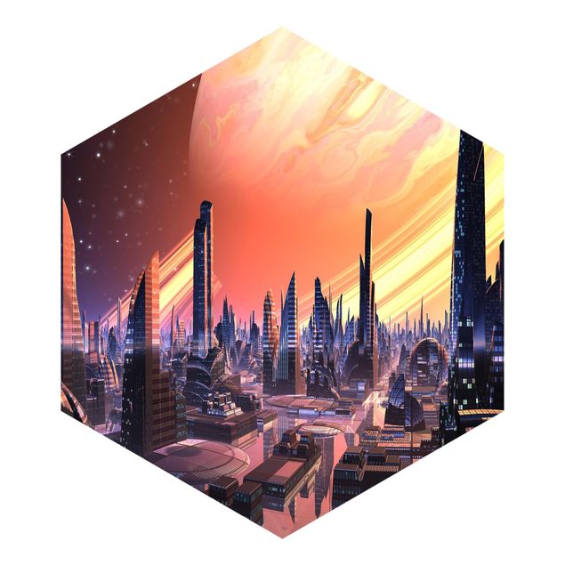 Papier peint panoramique hexagonal autocollant - Sci-Fi Large City With Planet