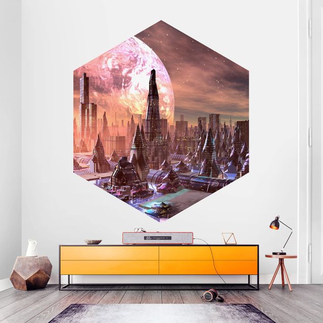 Papier peint panoramique hexagonal Sci-Fi City With Planets