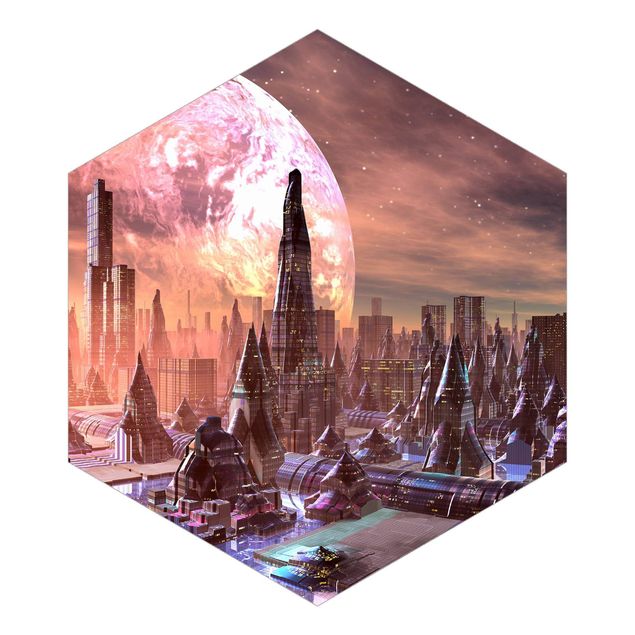 Papier peint panoramique hexagonal autocollant - Sci-Fi City With Planets